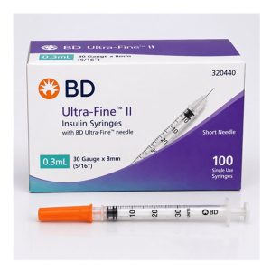 سرنگ انسولین BD مدل Ultra-Fine II با ظرفیت 0.3 میلی لیتر، طراحی دقیق و سوزن ظریف، برای تزریق زیرجلدی انسولین و استفاده در مراقبت های مرتبط با دیابت طراحی شده است.