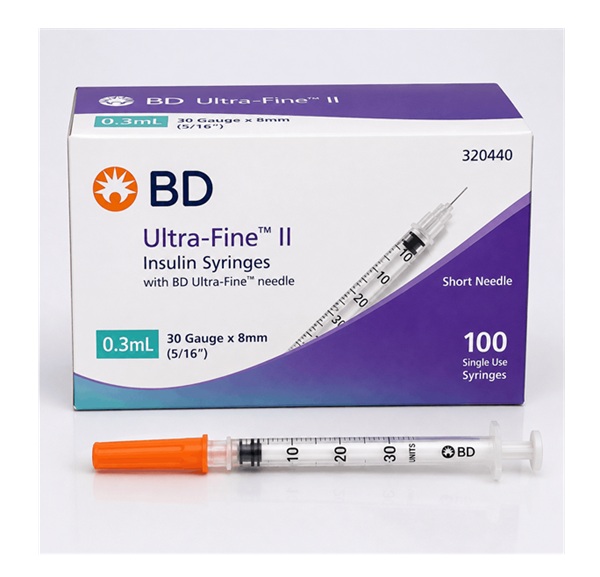 سرنگ انسولین BD مدل Ultra-Fine II با ظرفیت 0.3 میلی لیتر، طراحی دقیق و سوزن ظریف، برای تزریق زیرجلدی انسولین و استفاده در مراقبت های مرتبط با دیابت طراحی شده است.